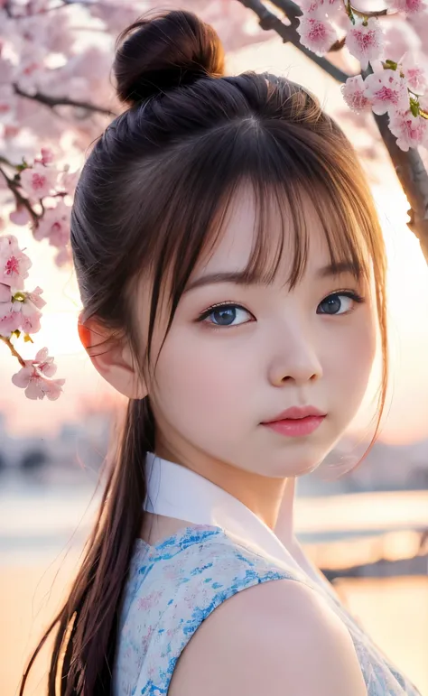 masutepiece:1.2, High quality, Best Quality, High resolution,, Hyper realistic,japanese girl, Bun hair, Blue eyes,Infinitely clear eyes、Head tilt, Sunset, cherry blossom, Portrait,Natural look, (Detailed face), ((Sharp Focus)), ((Face)), 上半身_Body