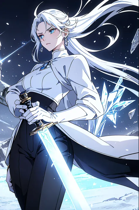 a woman, young, 19 years old, swordsman, long white hair, skin as white as snow, cold gaze, blue eyes like crystal, black sweater, black pants, white cape, crystal sword, earring in the ear, crystal bottom.