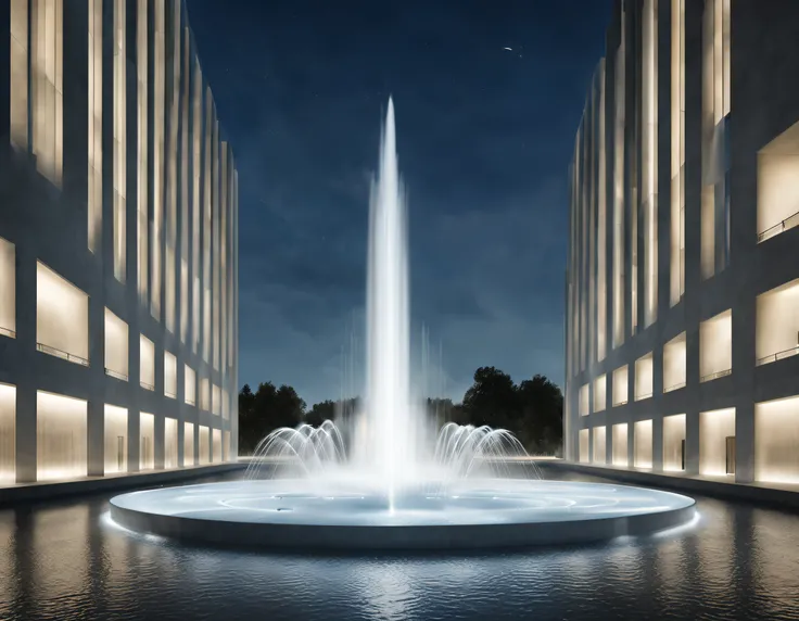 Minimalist technology huge fountain, abstract graphics, Background with: White technology building,author：Peter Zumthor,rays of moonlight,natural soft light, birds eyes view, The is very detailed, Best quality at best, tmasterpiece, A high resolution, Hype...