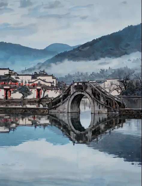 watercolor paiting,detailed watercolour,Arafad bridge across the water，The background is a mountain, Dreamy Chinese town, Chinese Ancient Architecture, China Village, Chinese landscape, Chinese architecture, ancient city of white stone, Chinese tradition, ...