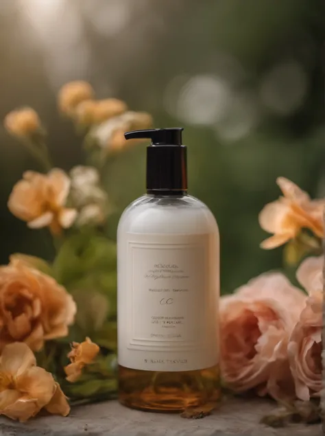 A bottle of body lotion surrounded by some flowers, Surrounded by complex greenery communities, OC rendering, Match the environment, exquisite curve, Expression mysterious, noble