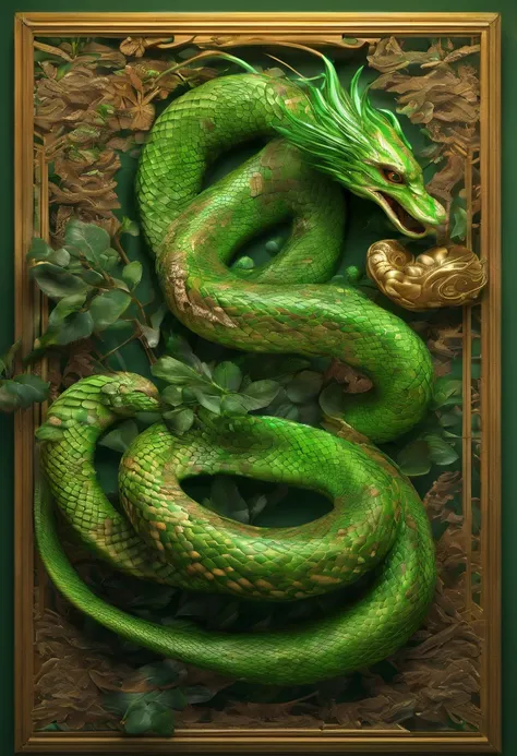 images of mythical creatures ,serpent, Thai style, Looks great., The image is clear, Provocative, Robdua wins gold medal., green body, .3D