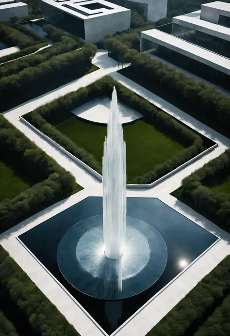 Minimalist science-and-technology shaped glass fountain, abstract graphics, background: white science-and-technology architecture,by Peter Zumthor,moonlight,natural light, aerial view, extremely detailed, best quality, masterpiece, high resolution, Hyperre...