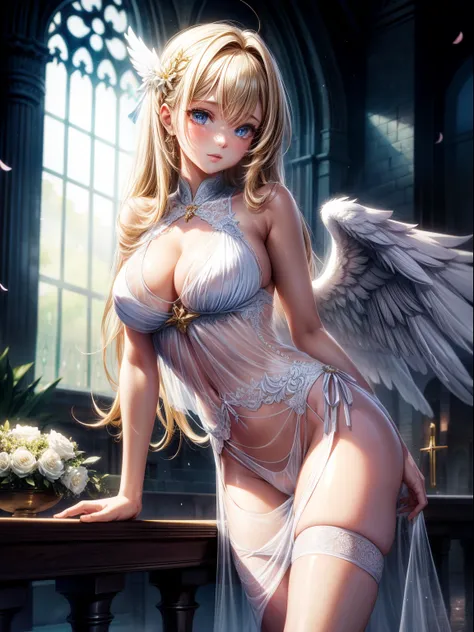 （8K ，hyper-detailing，ultra real photo，Best masterpiece，natural，Perfect artwork，Perfect female body），Cute busty girl ，Hair color，（Big tits），Angelic，obsessed，the angels wings，The halo，Beautiful church，beautiful rain of petals，Gorgeous accessories，golden bril...