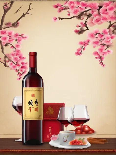 8K,high-definition photography，Bottle of wine on table HD photography，The background is a Chinese folk style background，fotografia do produto，product closeups，Background bokeh