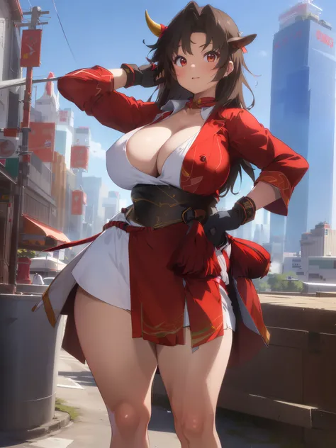 WZRY Yunying YP, 1 plump girl, Alone, Large breasts，LOP，startup, hair adornments, looking at viewert, red eyes,Single glove,Sash,Red dress,inner strength,collars,cow boy shooting, looking over city, natta, A mature woman, hand on hips,