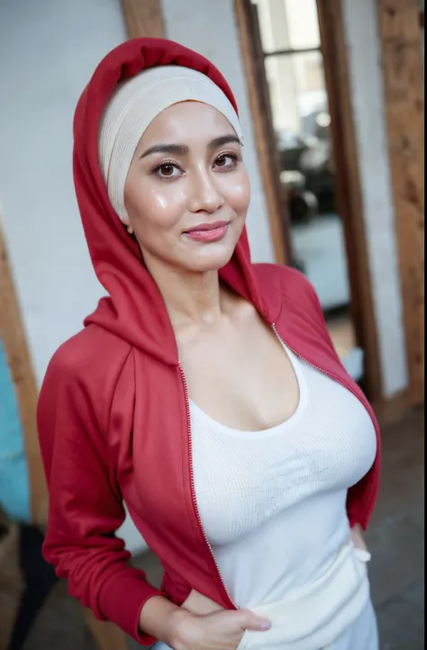 58-years-old,female store owner, hijab beautiful indonesian mature woman, wearing gym suit, white skin like porcelain, alluring ...