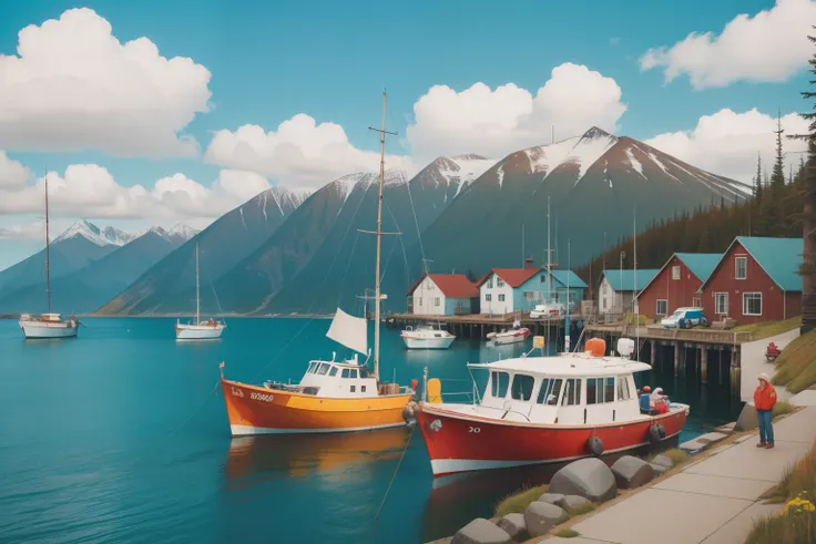 Alaskan Fishing Village, 1990s: The photogram unveils a charming Alaskan fishing village with characters in a blend of coastal and quirky attire. Colorful boats line the harbor, and characters navigate through the vibrant scene. The juxtaposition of the na...