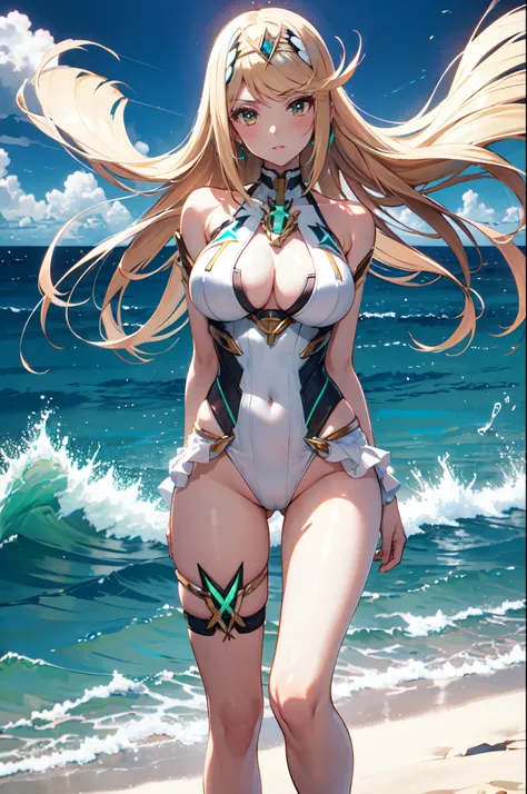 masterpiece, centered, concept art, suggestive pose, 1girl, mythra \(xenoblade\), blonde hair, long hair, (sexy white swimsuit),...