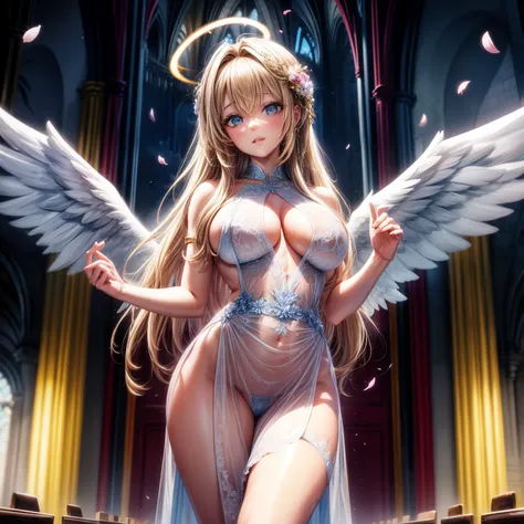 （8K ，hyper-detailing，ultra real photo，Best masterpiece，natural，Perfect artwork，Perfect female body），Cute busty girl ，Hair color，（large tities），Angelic，obsessed，the angels wings，The halo，Beautiful church，beautiful rain of petals，Gorgeous accessories，golden ...