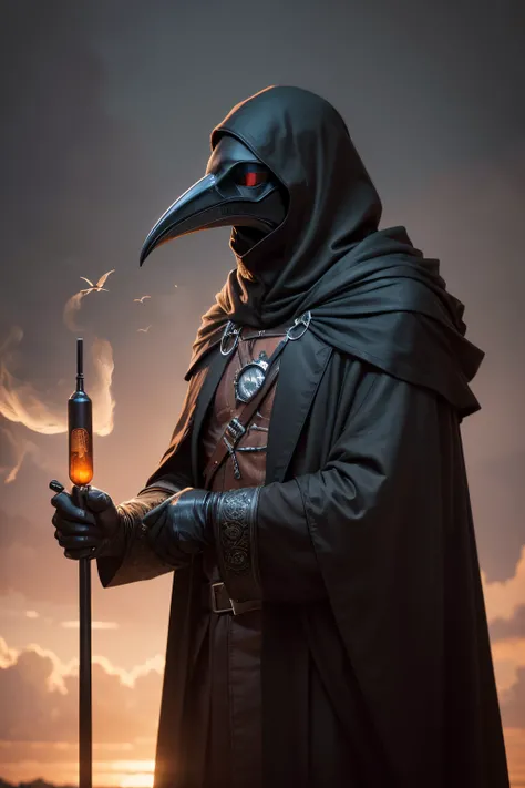 plague doctor in a black crow mask holds a test tube inside which has an antidote. Birds flying around, the night. 256k, photo realism, ultra-realistic, high dynamical range, raw photo, 300dpi, dark epic, art-eklerika, HDR+, f/8, 30mm lens, 1/250s, ISO 200...