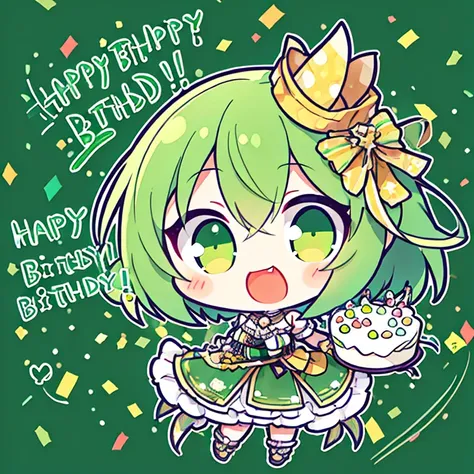 1girl, chibi, green hair, yellow eyes, detailed beautiful face and glowing eyes, full body, happy birthday, birthday, banner, (confetti),cake, birthday cake, cake slice, 8k, ultra detail, very complicated background