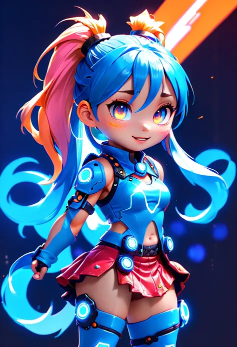 Jinx1024, Game character design，3D character rendering，(((Vector illustration style)))，League of Legends Jinx，((1girl，(Blue double ponytail: 1.5)，Blue braids，Red eyes，big laughter，future warrior，(Pink mechanical skirt: 1.3)，(A luminous magazine is tied aro...