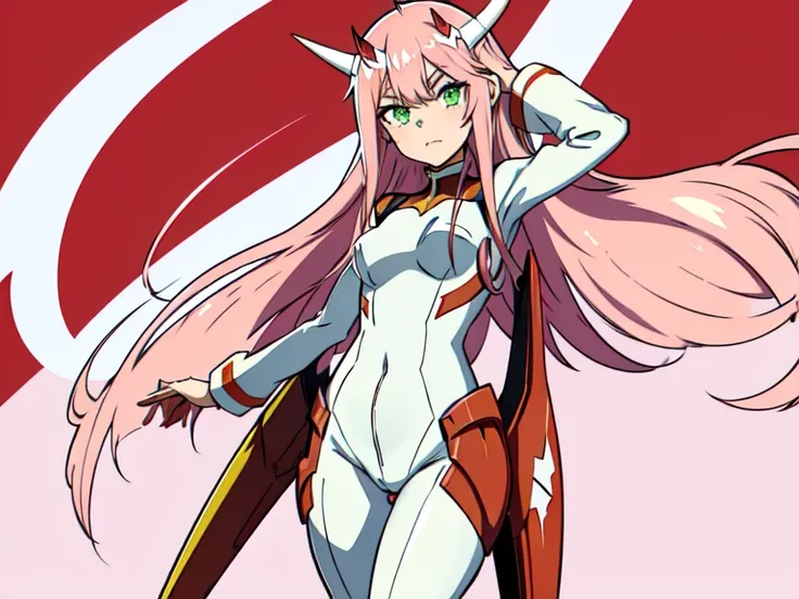 zero two, (darling in franxx), 1girl, bite, shadow, green eyes, hair behind head, horns, long hair, looking at viewer, big thighs, makeup, pilot suit, pink hair, red eyeshadow, anime background, tight skin, solo