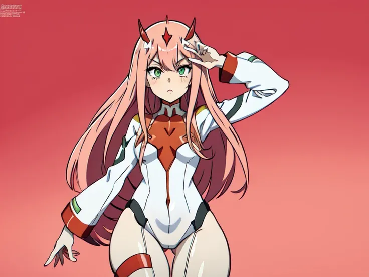 zero two, (darling in franxx), 1girl, bite, shadow, green eyes, hair behind head, horns, long hair, looking at viewer, big thighs, makeup, pilot suit, pink hair, red eyeshadow, anime background, tight skin, solo