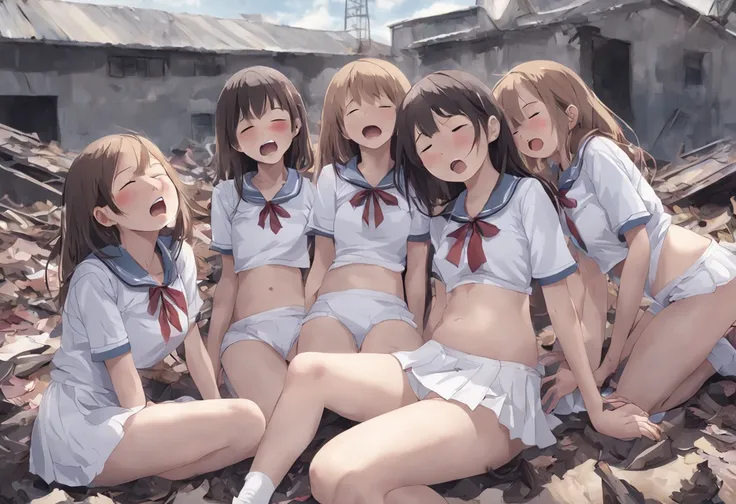 pile of corpse, 6+ girls, school girls, school uniform, white underwear, torn clothes, closed eyes, scenery