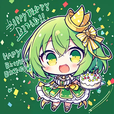 1girl, chibi, green hair, yellow eyes, detailed beautiful face and glowing eyes, full body, happy birthday, birthday, banner, (confetti),cake, birthday cake, cake slice, 8k, ultra detail, very complicated background