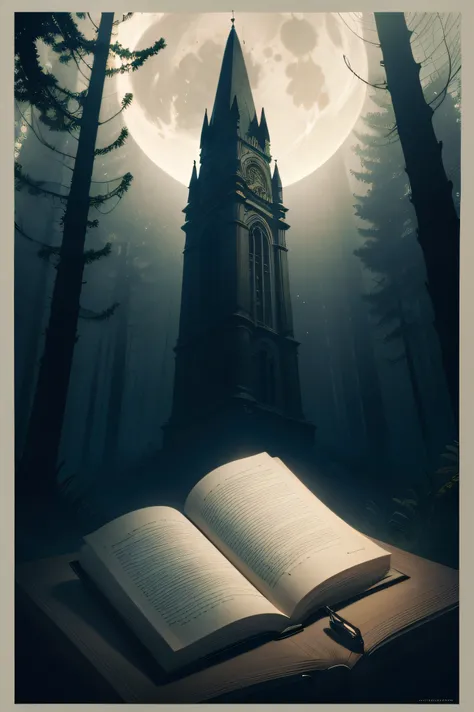 Imagem de Fundo:
A mysterious and dark scenario, maybe a dense forest at night, with tall, sinister trees. The full moon casts a pale and mysterious light on the environment, criando sombras intrigantes.

Elementos Centrais:

    Um microfone preto e prate...