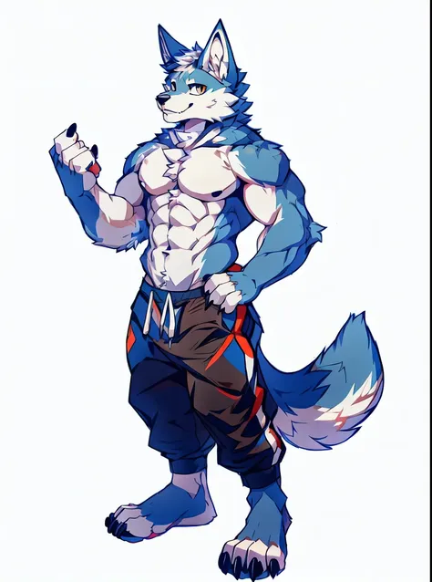 Human-wolf，musculous，Full Body Furry，paws with claws，pass upright，The upper body is naked，Short sweatpants