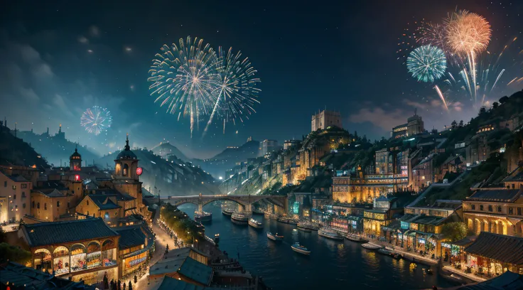 ((masterpiece)),((best quality)),((high detail)),((realistic,)) Futuristic era city, deep gorges in the middle, architectural streets, bazaars, bridges, cyberpunk, european architecture, night, neon, panoramic view, various buildings, new year, fireworks, ...