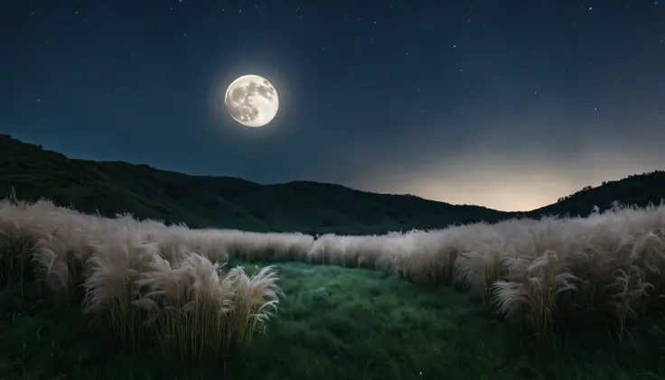 a large round moon shining brightly in the night sky over a meadow where pampas grass blooms