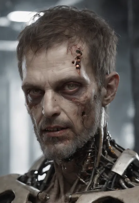 Visualize a high-realistic render of a robotic male zombie, a haunting fusion of human and machine. His face is a canvas of detailed decay, adorned with half-present hair and a rugged beard that hints at his former humanity. The skin, rendered with meticul...