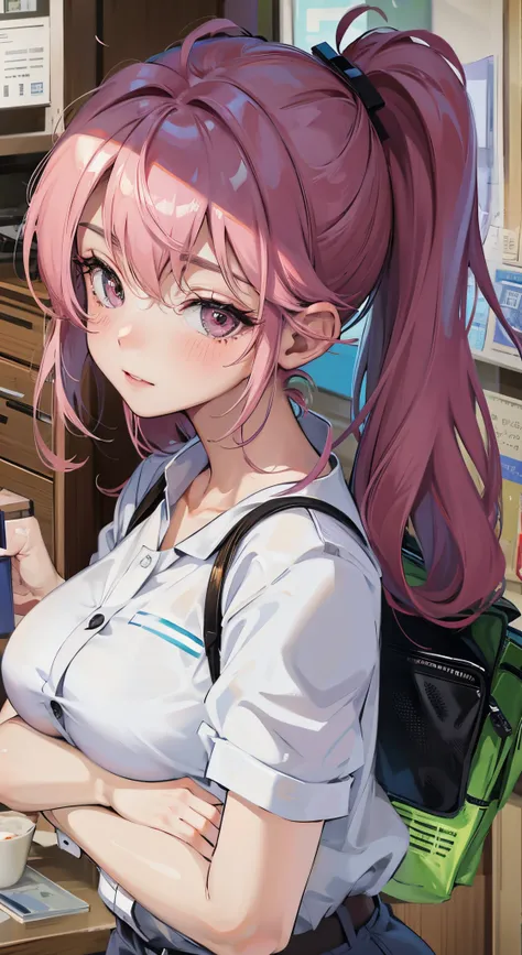 Pink hair with blush and biting lips，The chest is neither big nor small