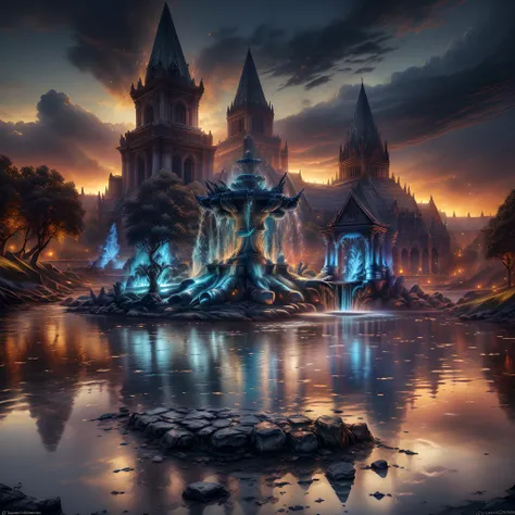 Fantasy art, RPG art, there is an epic sized magical (water fountain: 1.3) in an elven city town square, it has magical runes gl0w1ngR in the basin of the fountain, many rivulets of water entwined in (fire: 1.2), faize, the fire is combined with the water ...