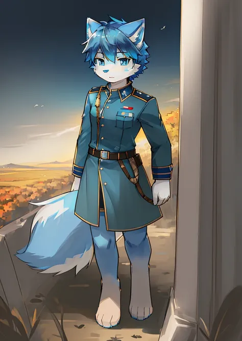 Normal situation (Fluffy blue fox boy), On the battlefield， standing on your feet，Face facing the camera， ((glomy， Detailed face, Clear big eyes，Blue eyes，Meticulous details)), Natural and soft lighting, 8K, sfv, Autumn , Peaceful , (Fluffy paws), in a sol...