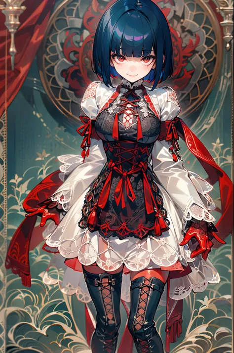 1 girl, solo, dark blue hair, short bob, blunt bangs on eyebrows, Sanpaku eyes, unpleasant smile, ((intricate lacework: 1.2) (layer flow: 1.2) (red) gothic dress), ((shiny) (red)latex gloves), ((knee high: 1.3) (lace-up: 1.2) (white) boots), complex and be...