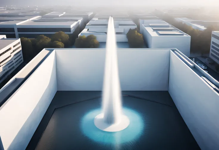 Technologically advanced alien fountain, abstract graphics, Background with: minimalist white building，Full of technology,author：Peter Zumthor,birds eyes view, The content is very detailed, （ultra hd photo），（ultra hd photography），Best quality, tmasterpiece...