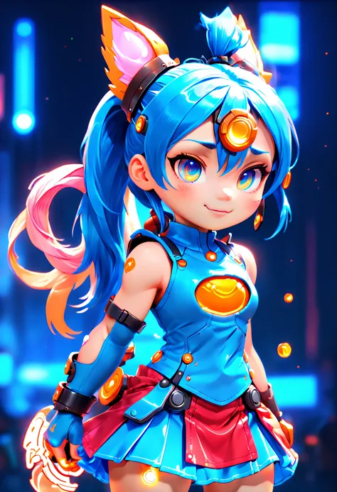 Jinx1024, Game character design，3D character rendering，(((Vector illustration style)))，League of Legends Jinx，((1girl，(Blue double ponytail: 1.5)，Blue braids，Red eyes，big laughter，future warrior，(Pink mechanical skirt: 1.3)，(A luminous magazine is tied aro...