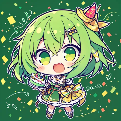 1girl, chibi, green hair, yellow eyes, detailed beautiful face and glowing eyes, full body, happy birthday, birthday, banner, (confetti),cake, birthday cake, cake slice, 8k, ultra detail, very complicated background