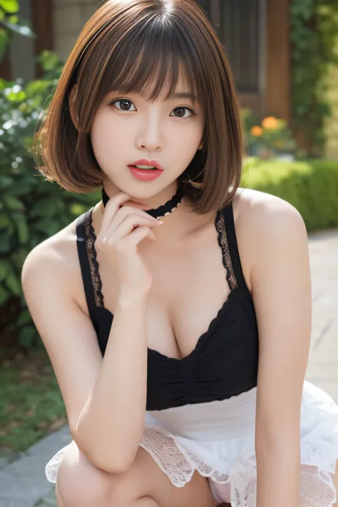 masutepiece, Best Quality, One girl, (Beautiful Girl:1.3), (16 years old:1.2), Very fine eye definition, (Symmetrical eyes:1.3), NSFW, (cute little、With net-like slits、Highly detailed mini dress with open neckline、:1.3), Beautiful breasts, Brown eyes, Part...