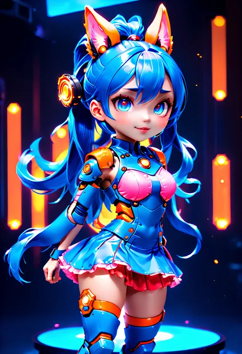 Jinx1024, Game character design，3D character rendering，(((Vector illustration style)))，League of Legends Jinx，((1girl，(Blue double ponytail: 1.5)，Blue braids，Red eyes，big laughter，future warrior，(Pink mechanical skirt: 1.3)，(A luminous magazine is tied aro...