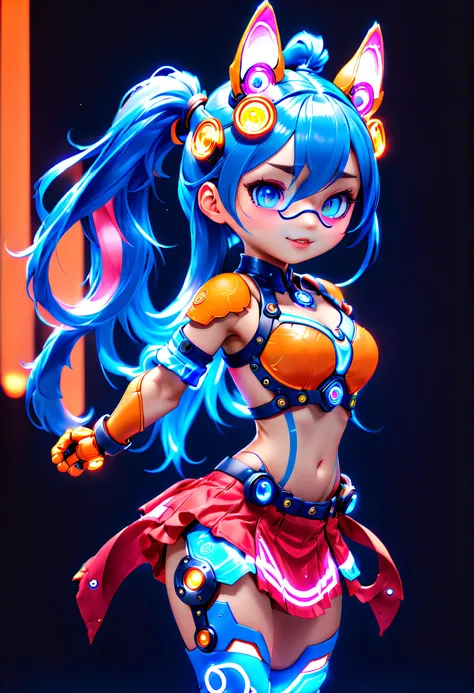 Jinx1024, Game character design，3D character rendering，(((Vector illustration style)))，League of Legends Jinx，((1girl，(Blue double ponytail: 1.5)，Blue braids，Red eyes，big laughter，future warrior，(Pink mechanical skirt: 1.3)，(A luminous magazine is tied aro...