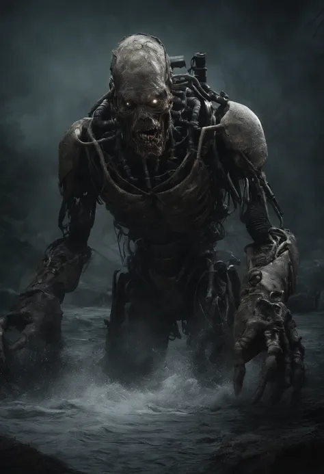 Imagine a nightmarish scene where a high-realistic robotic male zombie emerges from a chilled river in a terrifying environment. This nightmarish figure is meticulously rendered with a half of its hair intact, sporting a disheveled beard, and bearing a sca...