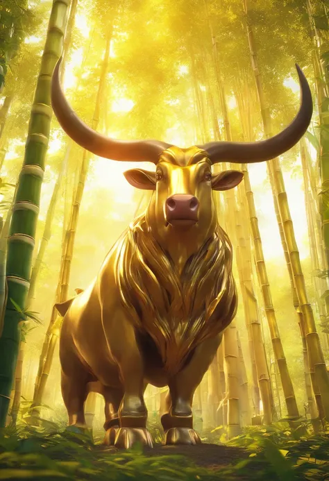 Standing on the four horns of a huge golden bull，In the bamboo forest，Folk suspense comic book style，SENSE OF CINEMA，フォトリアリスティック，。.3D