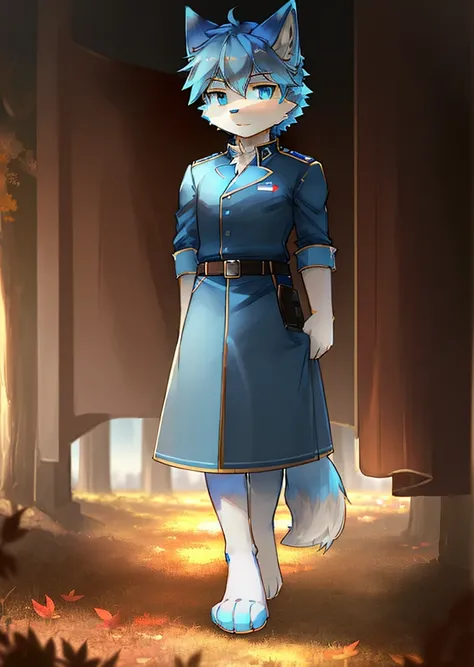 Normal situation (Fluffy blue fox boy), On the battlefield， standing on your feet，Face facing the camera， ((glomy， Detailed face, Clear big eyes，Blue eyes，Meticulous details)), Natural and soft lighting, 8K, sfv, Autumn , Peaceful , (Fluffy paws), in a sol...