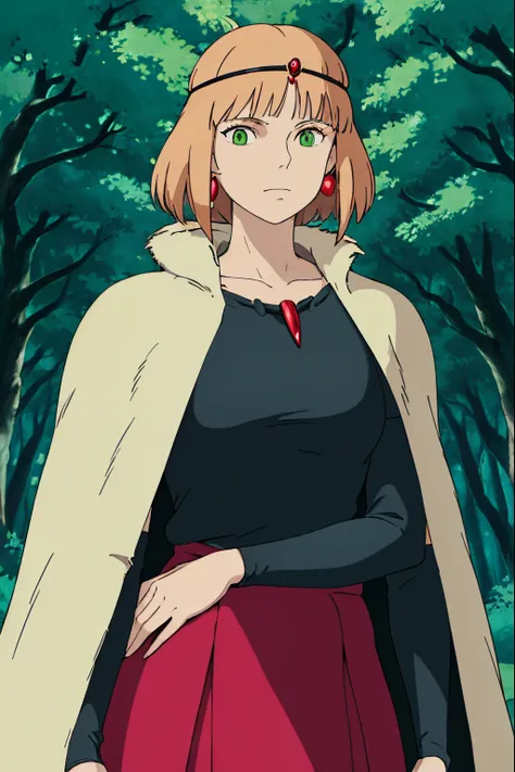 ghibli style, san (mononoke hime), 1girl, armlet, bangs, strawberry blonde hair, black undershirt, breasts, cape, circlet, earrings, floating hair, forest, fur cape, green eyes, jewelry, looking at viewer, medium breasts, nature, necklace, outdoors, parted...