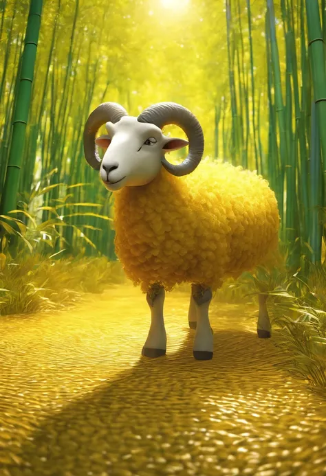 Standing on all fours by a huge golden sheep，In the bamboo forest，Folk suspense comic book style，SENSE OF CINEMA，フォトリアリスティック，。.3D