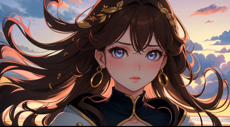 1 girl, lips(2.0), , big boobs, puffy nipples, pink eye shadow, brown hair, long hair, blowing hair, big golden ring earings, masterpiece, gorgeouS, hot, ambienct lighting, blush(0.3), standing among clouds, terrace, hair between eyes, strong cinematic, be...