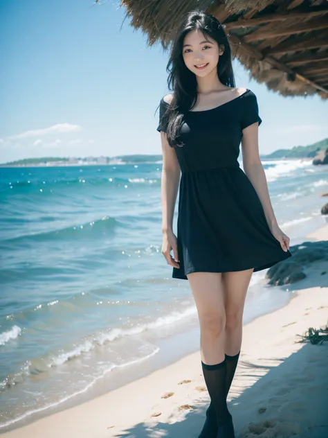 girl standing next to the ocean, beautiful water, beautiful blue sky, beautiful sunlight, (1girl), long black hair, brown eyes, small breasts, short sleeves blue short dress, black stocking, smile, amazing visuals, ultrasharp, masterpiece, high res, 8k