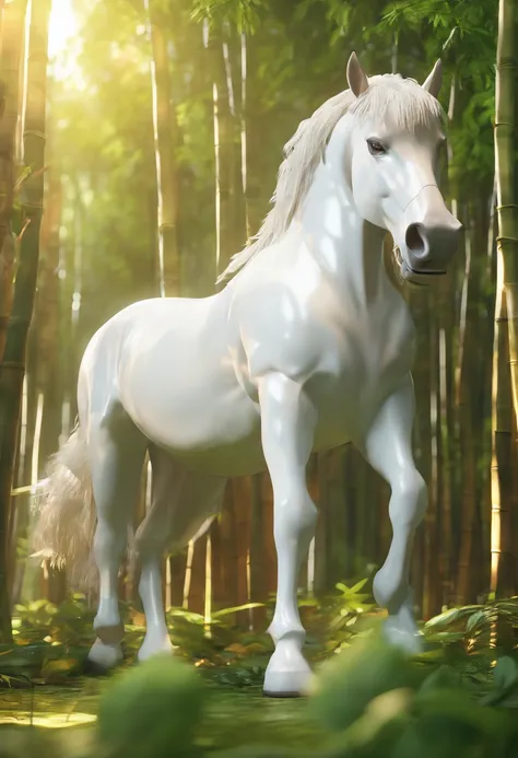 A huge white horse stands on all fours，In the bamboo forest，Folk suspense comic book style，SENSE OF CINEMA，フォトリアリスティック，Delicate，。.3D