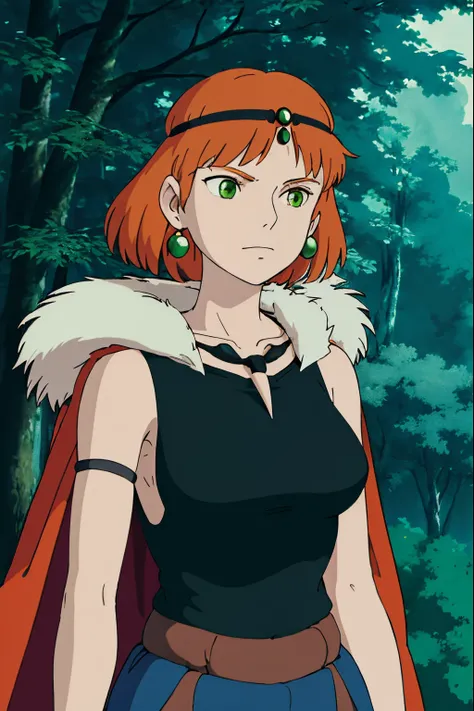 ghibli style, san (mononoke hime), 1girl, armlet, bangs, orange hair, black undershirt, breasts, cape, circlet, earrings, floating hair, forest, fur cape, green eyes, jewelry, looking at viewer, medium breasts, nature, necklace, outdoors, parted bangs, shi...