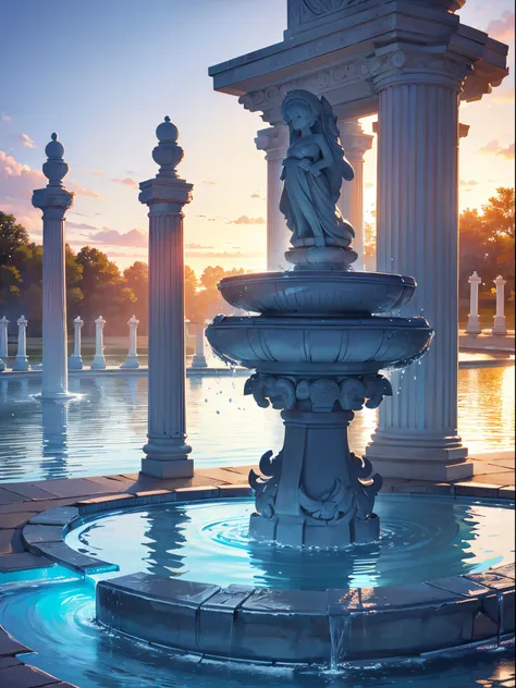 RAW Photos, Best Quality), (animesque:1.2), (((Landscape of large round fountain))), (There are beautiful carvings on the pillars of the fountain.:1.5), water is blowing up high:1.5, (((wide-angle lens))), (The water of the fountain emits a fantastic light...