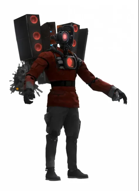 a close up of a person with a bunch of speakers on their head, deep pyro colors, tf 2, tf2, team fortress style, the pyro, crimson heavy armor, sfm render, red heavy armor, evil nanobot, elite scientist, old cyborg merchant, full portrait of electromancer,...