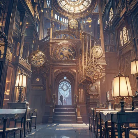 absurdres, best quality, fine detailed, 8k, no humans, Many huge colorful clocks and gears floating in a dimly lit large room, a huge clock decorated with crystal texture, gears of various sizes, clock-themed ornament, silver chain, steampunk, ray tracing,...