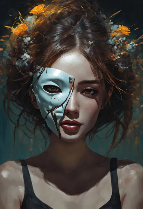 surrealist artwork、design highly polished digital artwork。, futuristic femme fatale、(girl hiding half her face with a mask:1.4)、...