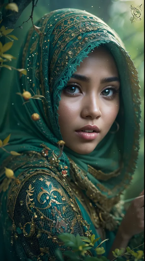 Craft a captivating photomanipulation with the Malay girl in hijab as the main character, set in a mystical and enchanted forest. Draw inspiration from scenes in fantasy classics like The Lord of the Rings, emphasizing magic and wonder.